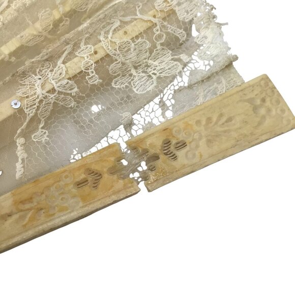 ANTIQUE Women Lace Folding Fan Sequins Embroidered Tulle Wooden Frame Repairable - Picture 7 of 11